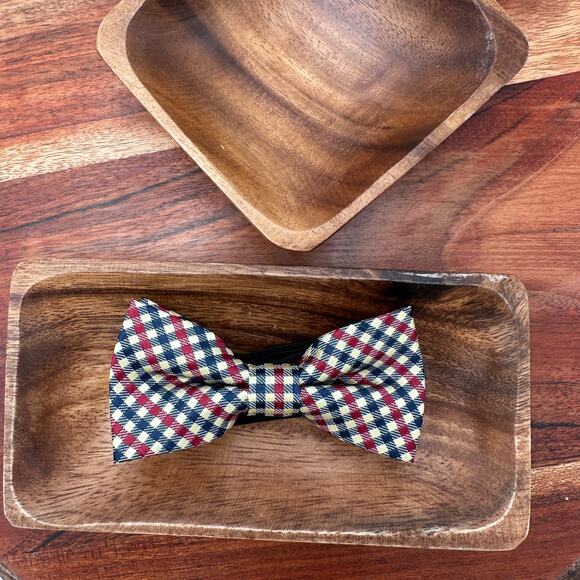 NEW Handmade Bow Tie Blue Red Gingham Adjustable Stretch Elastic Gift Prom - Picture 1 of 3